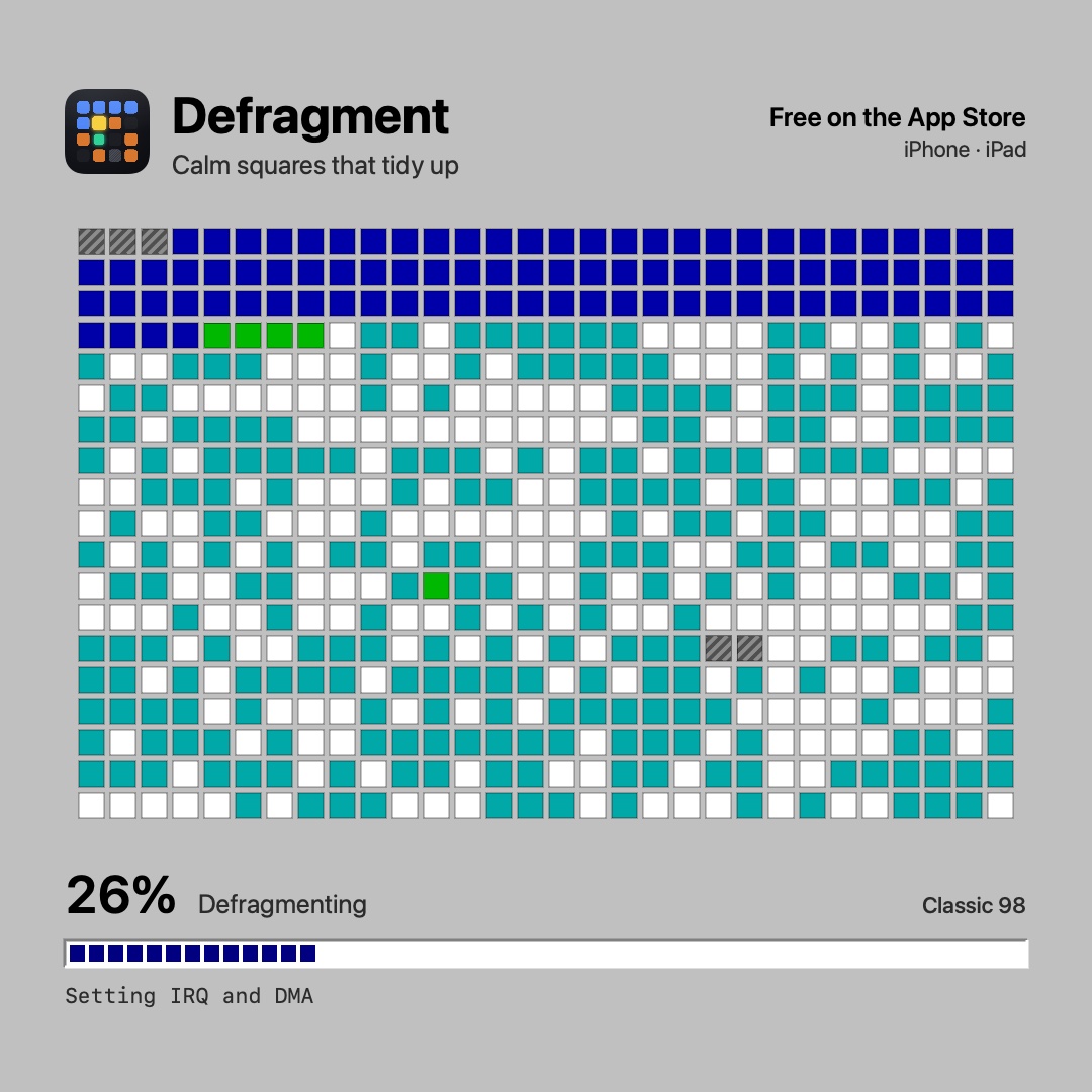 Defragment in the Classic 98 theme: the top rows are already tidy in dark blue, the rest of the disk is still waiting, with the percentage and a blocky progress bar below.