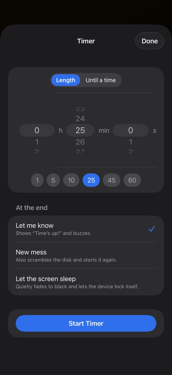 Timer setup: wheels for hours, minutes and seconds, quick buttons from 1 to 60 minutes and three choices for what happens at the end.