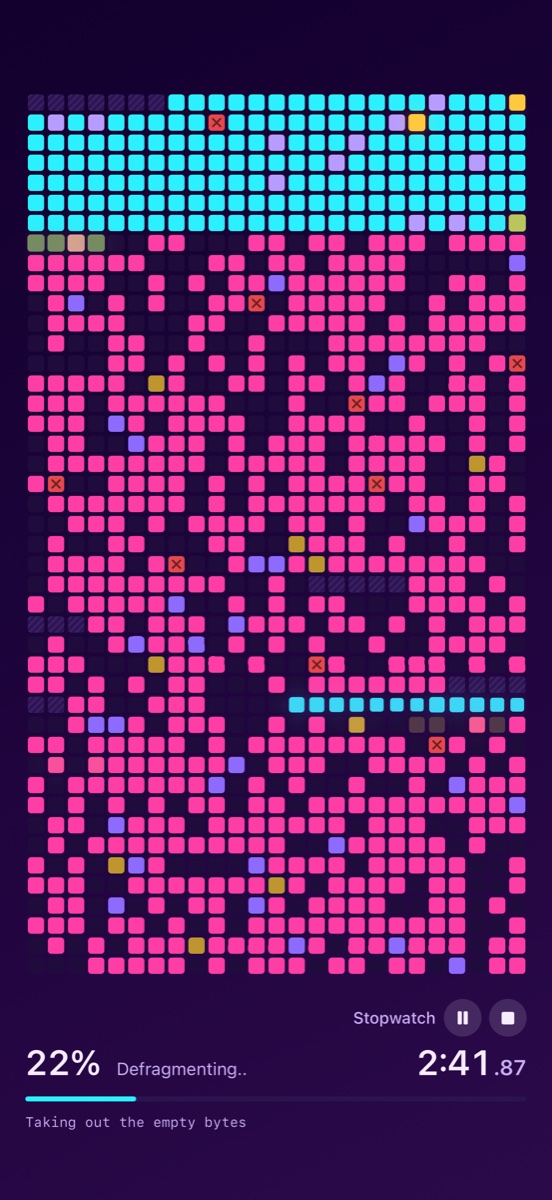 Defragment in the Neon theme with special sectors: golden, purple and red crossed-out squares among the pink blocks, with the stopwatch running in the corner.