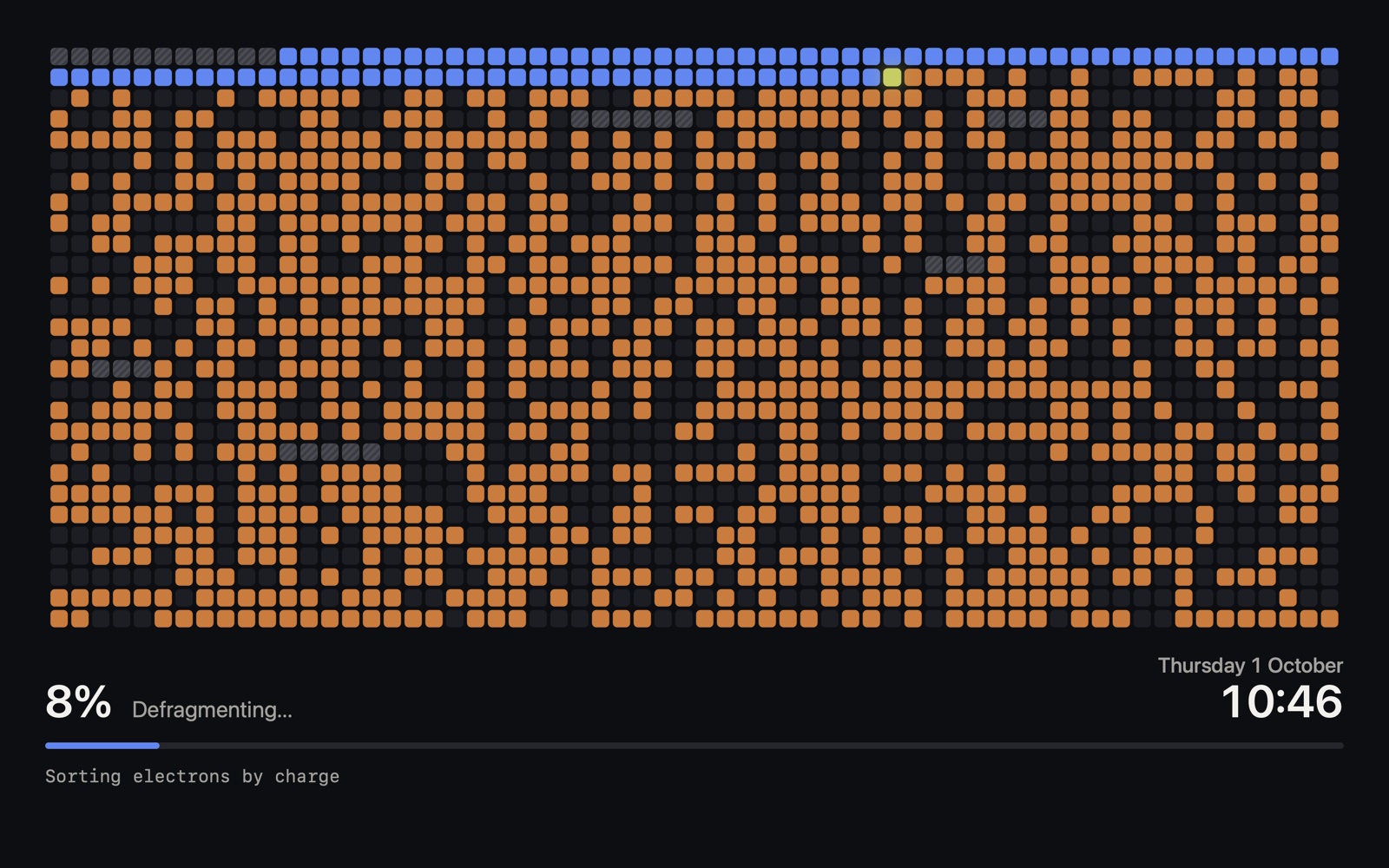 Defragment as a screen saver on a Mac: tidy rows at the top, the rest of the disk still waiting, with the percentage, date and time below.