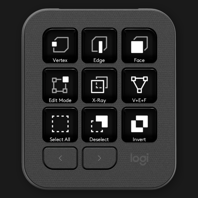 The MX Creative Keypad on the desk, its nine keys showing Blender icons.