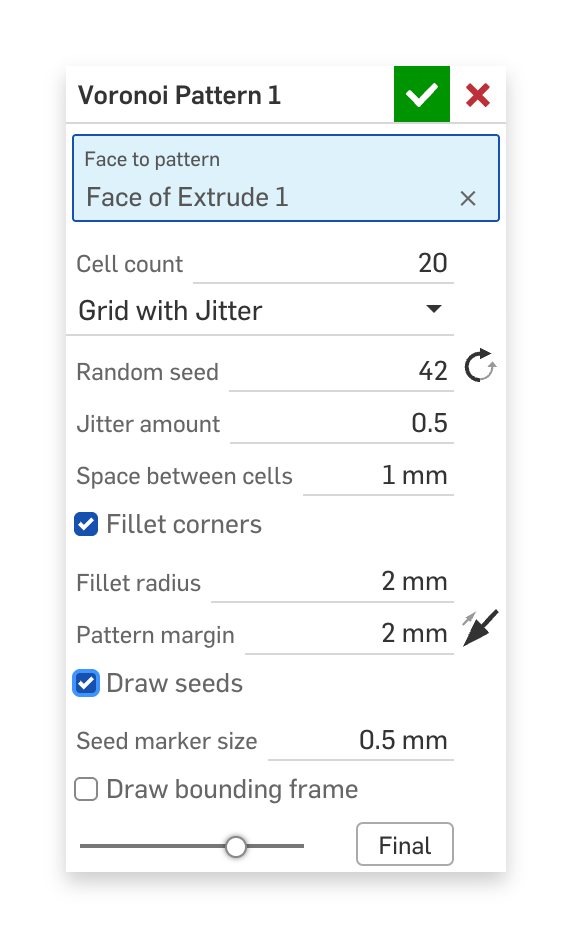 The Voronoi Pattern dialog in Onshape with its parameters