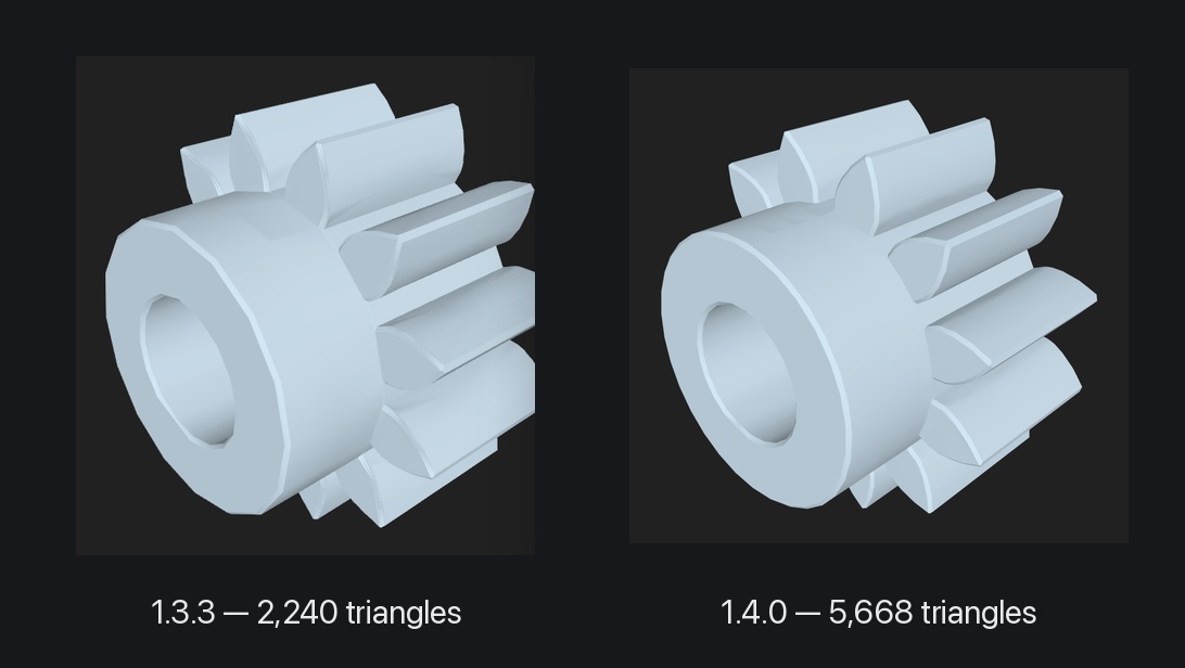 A 6 mm gear side by side in two versions of Preview3D: 1.3.3 on the left with a faceted bore and hub, 1.4.0 on the right with a round bore.